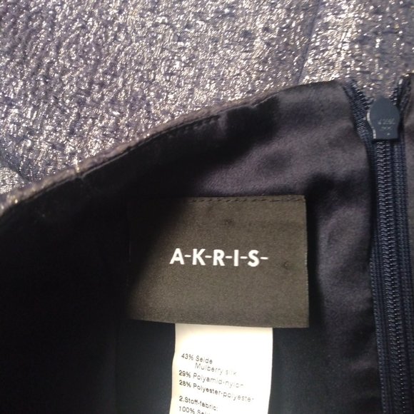 ❤️AKRIS Blue Gray Metallic Half Sleeve Textured Silk Knee Cocktail Dress 12 - Picture 3 of 6